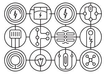 Modern Technology Circuit Line Icons Set – Electrical Energy, Network Connection, Power, and Innovation Symbols Vector Design