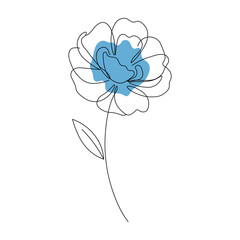 Minimalist single line drawing of a flower with a blue center