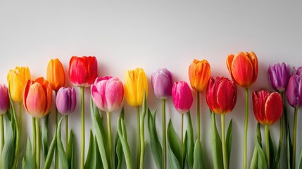 Bright tulip row: multicolored blossoms on white background