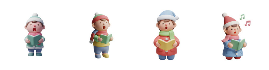 Fototapeta premium Four cartoon children wearing winter hats and scarves sing from songbooks transparent background