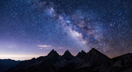 A view of the milky way galaxy above silhouetted mountain peaks at night