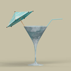 Cocktail Wine Glass with Straw and Umbrella Covered by Snow and Ice. 3D Illustration. File with Clipping Path.