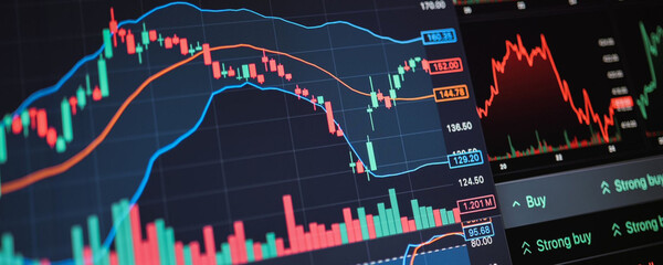 Financial market data analysis with charts and graphs showing investment trends