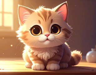 A cute cartoon tabby kitten with large eyes and fluffy fur sits on a wooden surface, soft lighting fills the scene