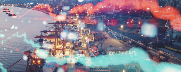 Global trade and economic fluctuations visualized over a busy port at night