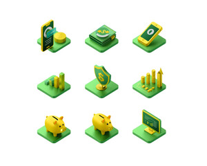 Isometric finance and business icons set isolated on transparent background