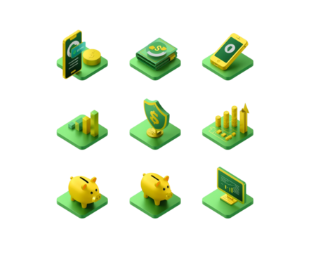 Isometric finance and business icons set isolated on transparent background