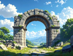 Ancient stone archway frames a scenic view of rolling hills and sky