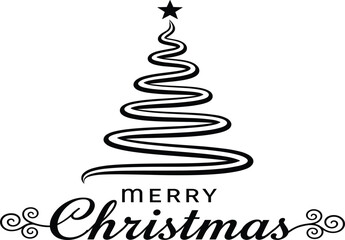 Merry Christmas Lettering and Abstract Tree Vector: Minimalist Line Art, Modern Spiral Pine Shape, Star, and Ornate Swirls for Holiday Card and Festive Graphics