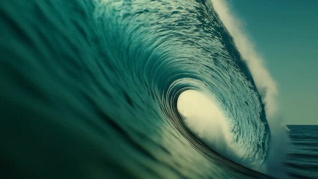 Dynamic low-angle shot of a powerful ocean wave cresting, capturing the raw energy and motion, ideal for a dramatic video scene. Live desktop wallpaper.