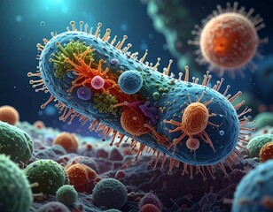 A detailed digital illustration depicts a bacterium with various structures and components, surrounded by other microorganisms in a close-up view