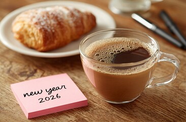 New year 2026" sticky note with fresh coffee and croissant on a wooden table