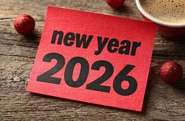 New year 2026 concept with festive red decorations on rustic wooden background