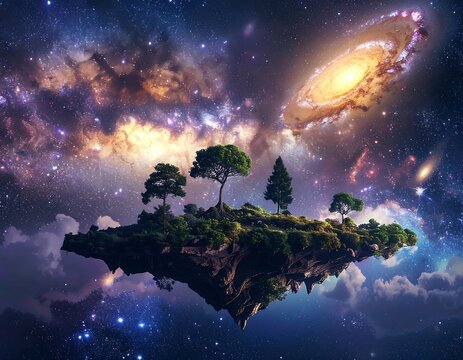 Surreal floating island scene with trees set amidst a vast cosmic panorama