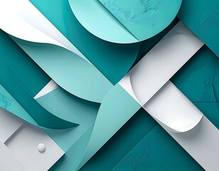 A complex, abstract composition featuring overlapping shapes in shades of teal and white, creating a dynamic interplay of forms