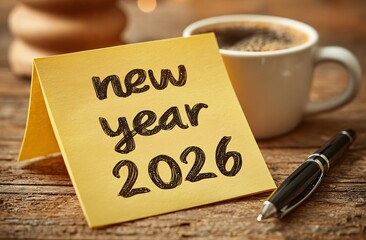 New year 2026 concept on sticky note, hot coffee mug and pen on wood