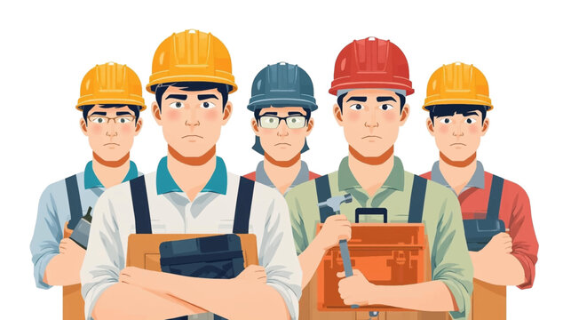 A team of determined construction workers stand together, ready to tackle any building project with their tools and expertise in the industry.