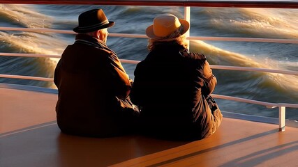Elderly couple observing horizon on boat deck sunset scenery