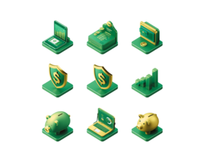 Set of isometric green finance and technology icons isolated on transparent background