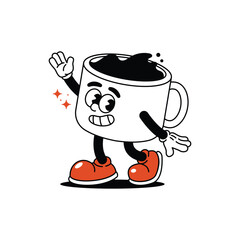 A vintage-style animated coffee cup character with arms and legs, waving enthusiastically. Coffee Cup Retro Mascot Character. Illustration clip art.