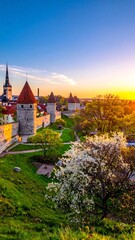 Obraz premium A scenic vertical shot of a historic European city at sunset, featuring stone walls, towers, a church, greenery, and a colorful sky