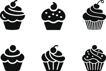 Set of Cupcake Dessert Silhouette Icon - Sweet Bakery Treat