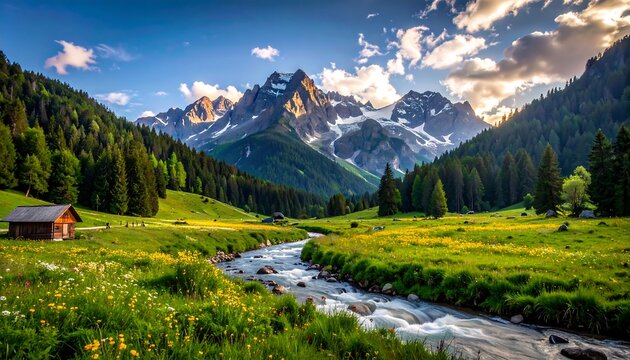 A scenic vista showcasing a lush valley with a winding river, dense forests, and imposing, snow-capped mountain peaks. Sunlight illuminates the scene
