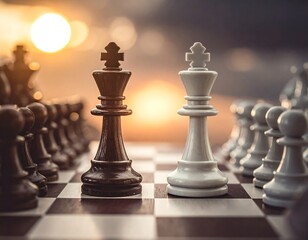 A detailed image of a chess board featuring the two kings in the center, facing each other. A sunset backdrop