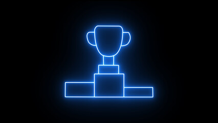 Blue neon outline of a trophy on a podium against a black background, symbolizing achievement, victory, and winning in a digital, modern, conceptual style.