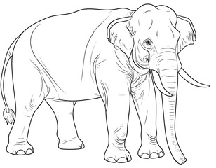 A detailed line drawing of a majestic elephant, showcasing its large ears, tusks, trunk, and sturdy legs, standing still