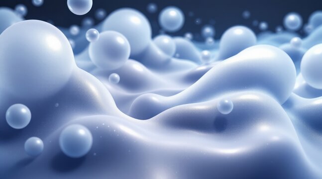 Luminescent blue bubbles and soft liquid waves abstract background
