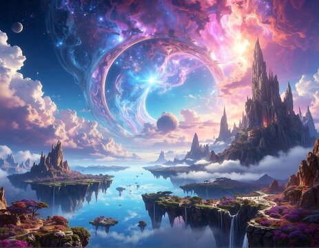 Surreal landscape with floating islands and cosmic nebulae