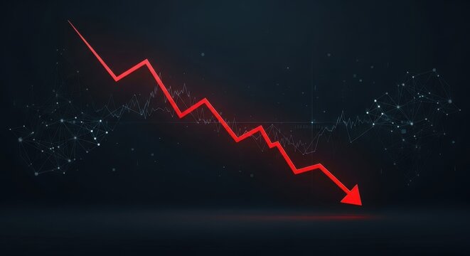 Declining market trend illustrated by vivid red arrow amidst network data points
