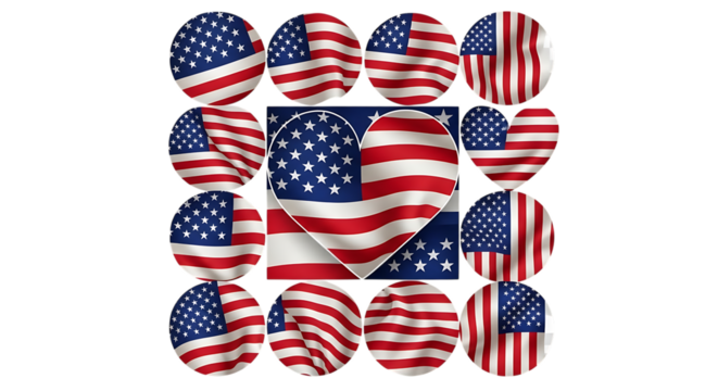 American flag in various shapes, patriotic symbol of the united states of america