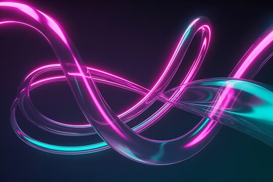 Intertwined Pink and Teal Neon Tubes with Reflective Surfaces on a Dark Background abstract glowing