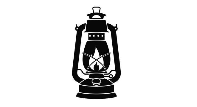 A classic vintage style black silhouette of a burning kerosene lantern, an old-fashioned oil lamp providing illumination.