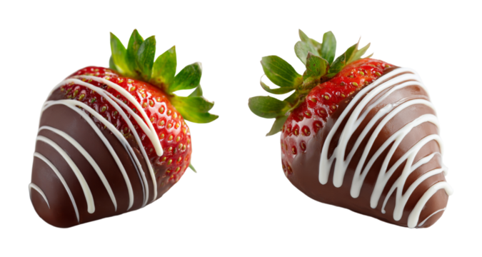 Decadent chocolate dipped strawberries with white drizzle, perfect for gourmet dessert advertising, celebrations, and Valentine's Day PNG set with transparent background