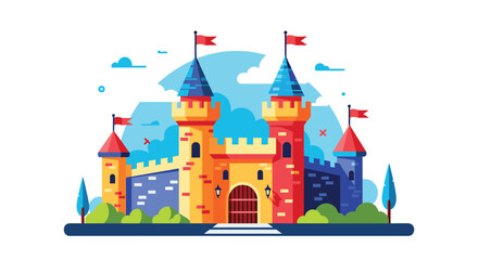 A vibrant and whimsical cartoon castle illustration featuring multiple colorful towers, red flags, and a grand gate, set against a bright blue sky.