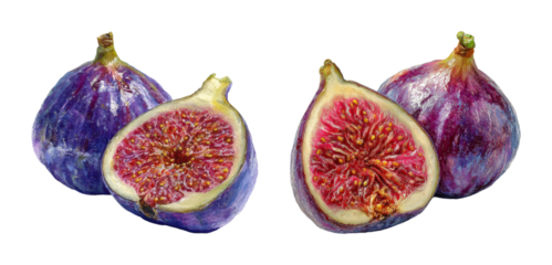 Juicy ripe purple fig half and whole fruit, rich texture, vibrant magenta flesh, dark background, artistic impression, perfect for healthy food concepts, PNG set with transparent background