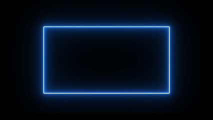Illustration of a bright blue neon rectangle glows against a deep black background, creating a modern, abstract frame or border for digital content
