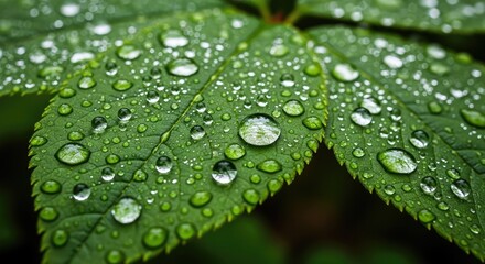 Close up of a green leaf covered in water droplets after the rain fall