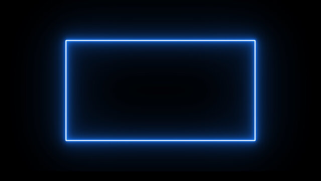 Illustration of a bright blue neon rectangle glows against a deep black background, creating a modern, abstract frame or border for digital content