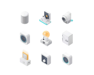 3D smart home device icon set on transparent background