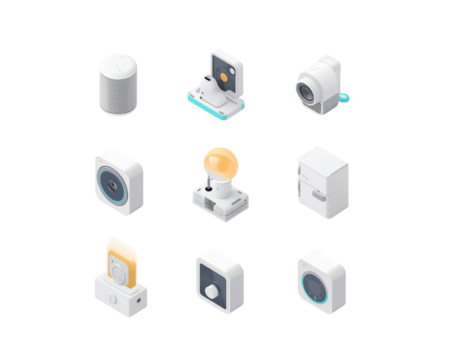 3D smart home device icon set on transparent background