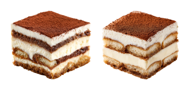 Delicious Tiramisu dessert slice, rich creamy texture, dusted with cocoa, inviting dessert photography PNG set with transparent background