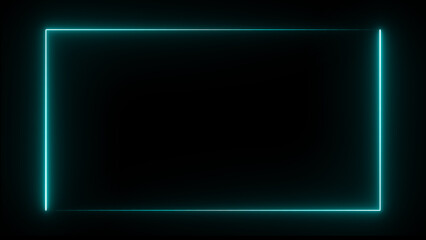Illustration of a glowing cyan neon rectangle frame on a black background, abstract digital art, futuristic border, empty space for text or design elements, vibrant light outline