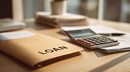 Business finance scene showing a labeled loan folder amid paperwork and a pen