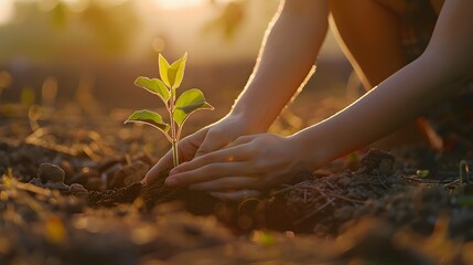 Fototapeta premium close-up of hands planting a young tree seedling in warm sunlight, symbolizing growth, hope, sustainability, and connection to nature.