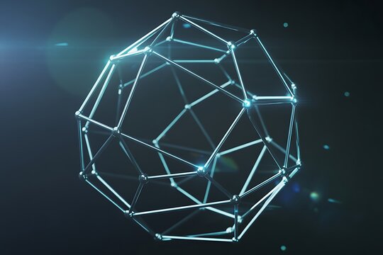 3D rendered geometric wireframe dodecahedron structure with glowing nodes on a dark background image