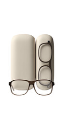 Glasses resting on case. Frame visible. Minimalist on black background